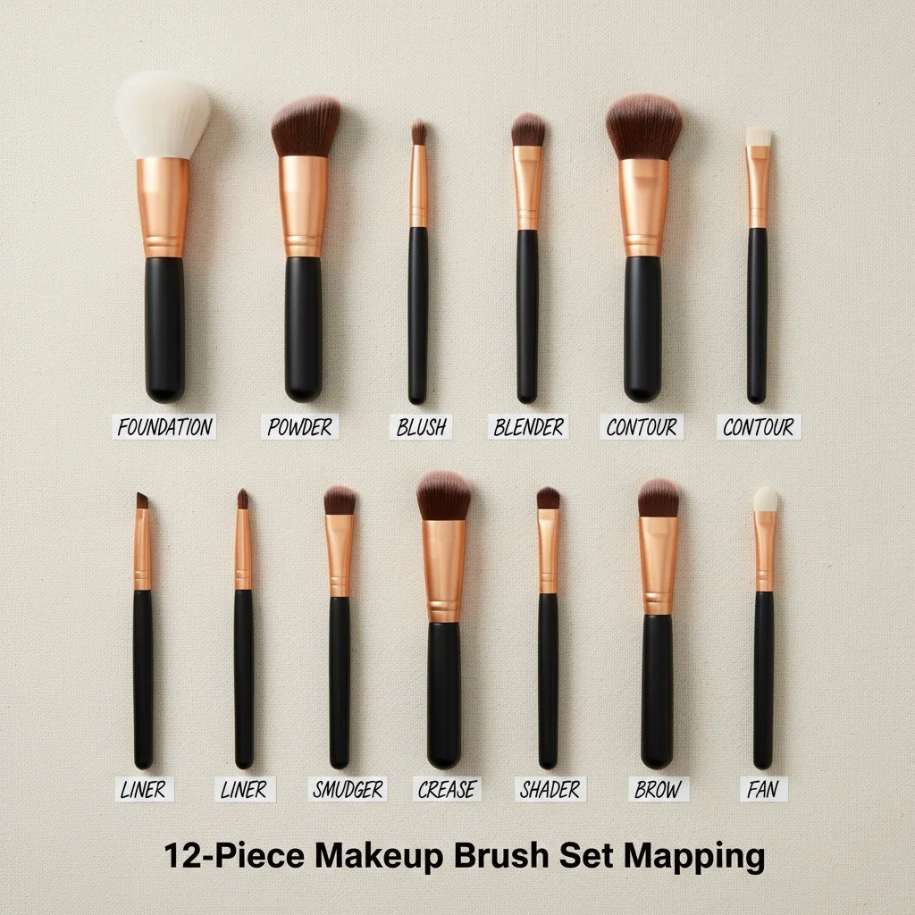 A flat lay of 12 different makeup brushes, each labeled with its function (foundation, blender, liner, etc.).