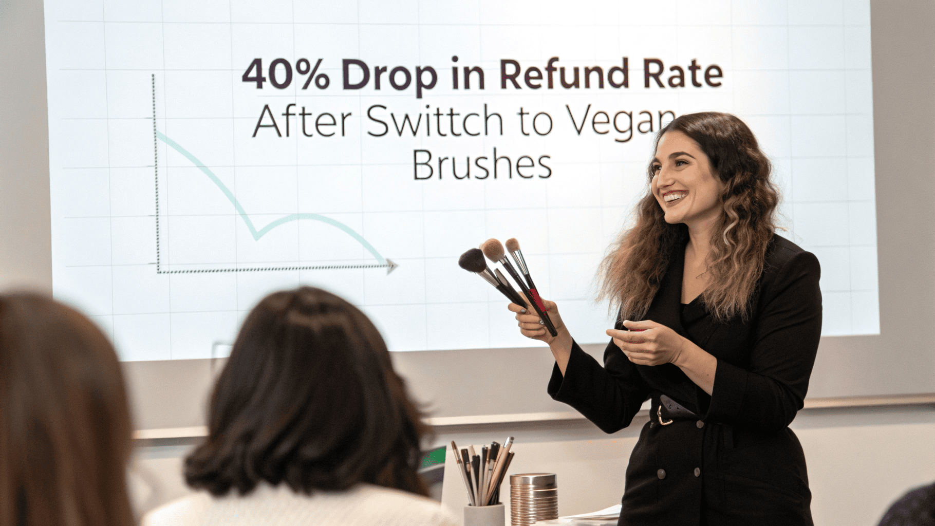 Businesswoman presenting vegan makeup brush results