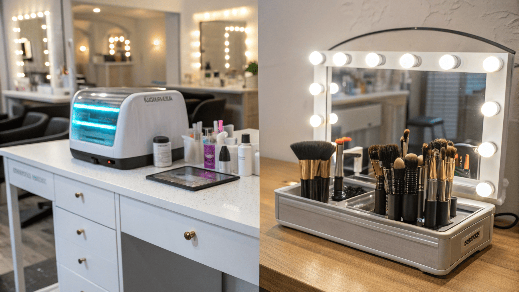 Makeup salon station with brushes and sterilizer