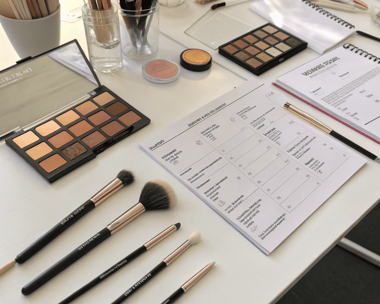 Makeup brushes and eyeshadow on table