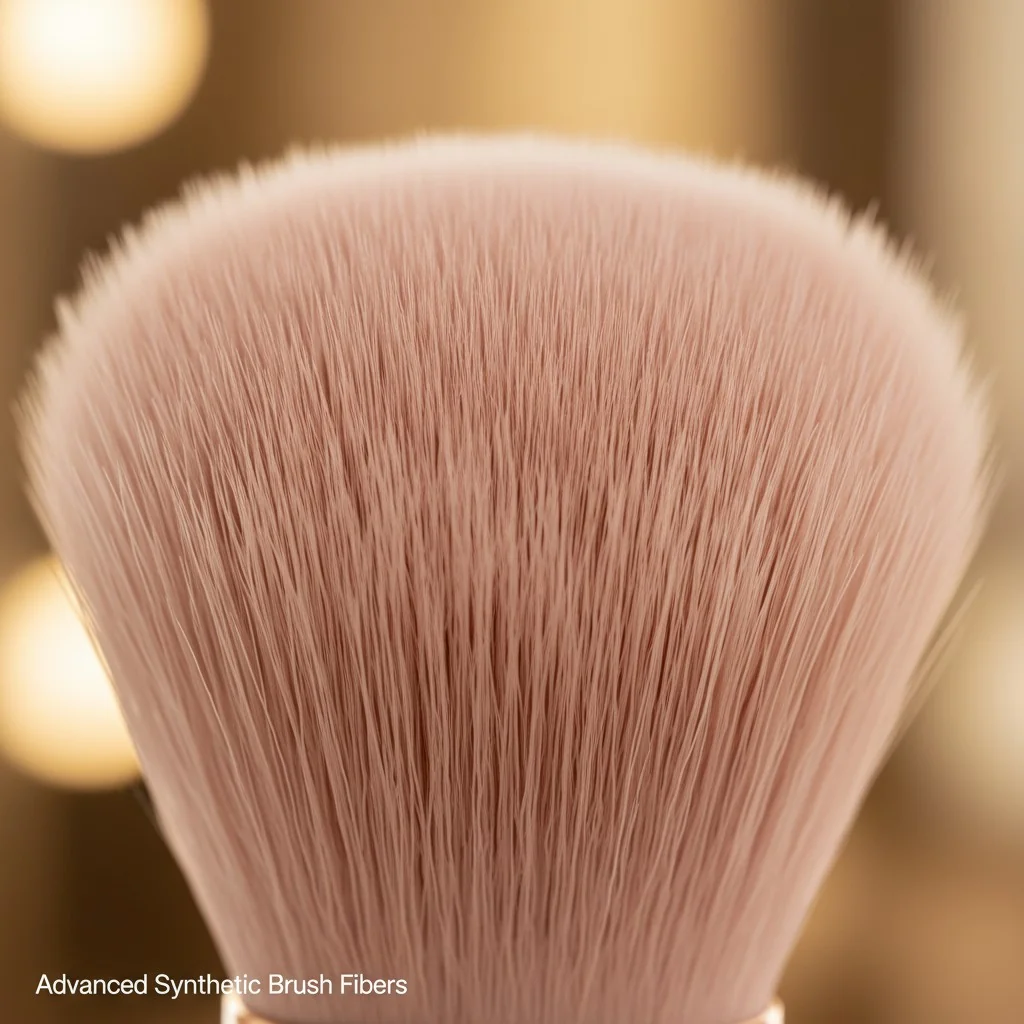 Close-up shot of a synthetic makeup brush's bristles, showing their fine, tapered tips.