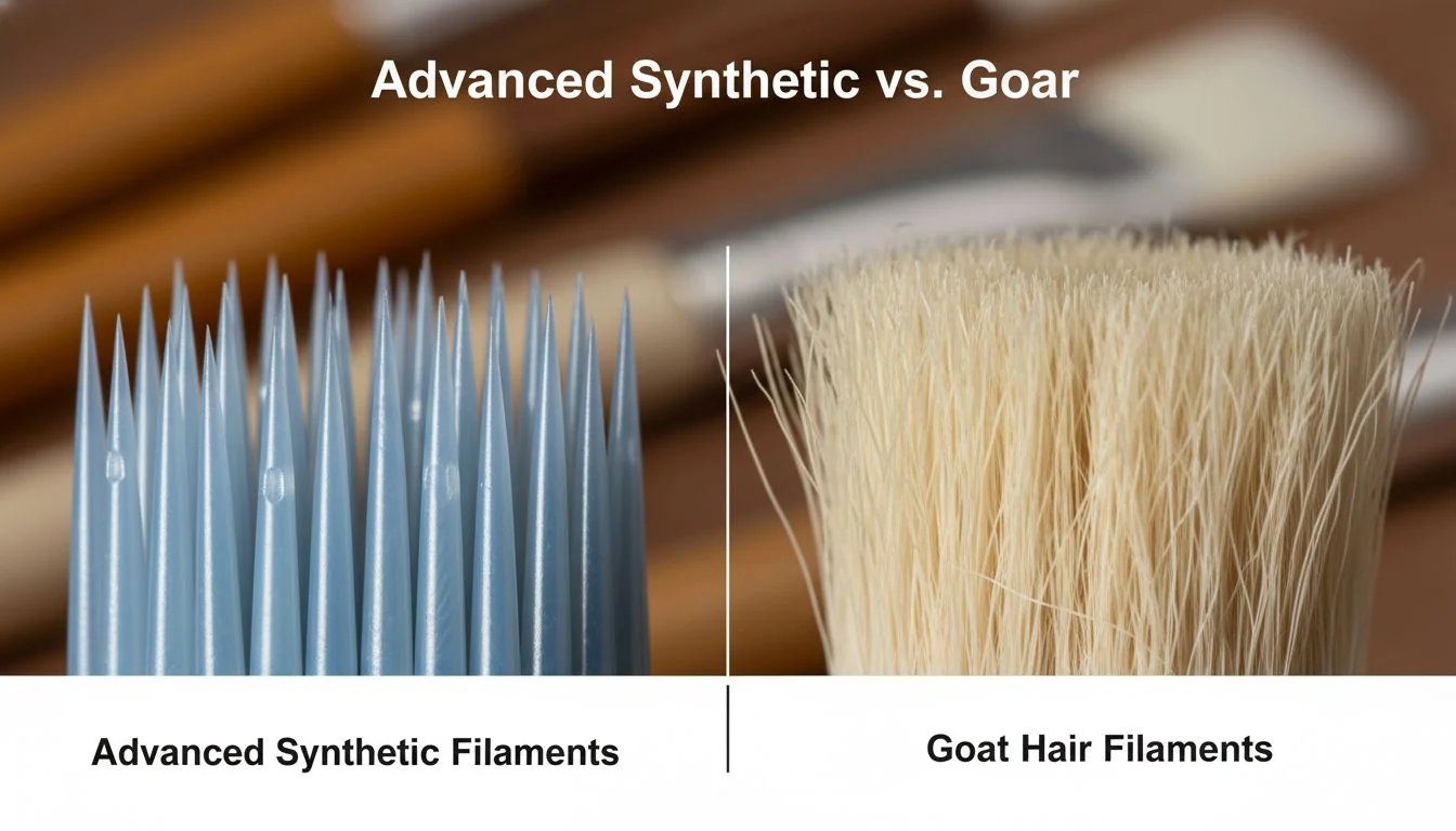 A macro photo showing the engineered filaments of an advanced synthetic brush next to a traditional goat hair brush.