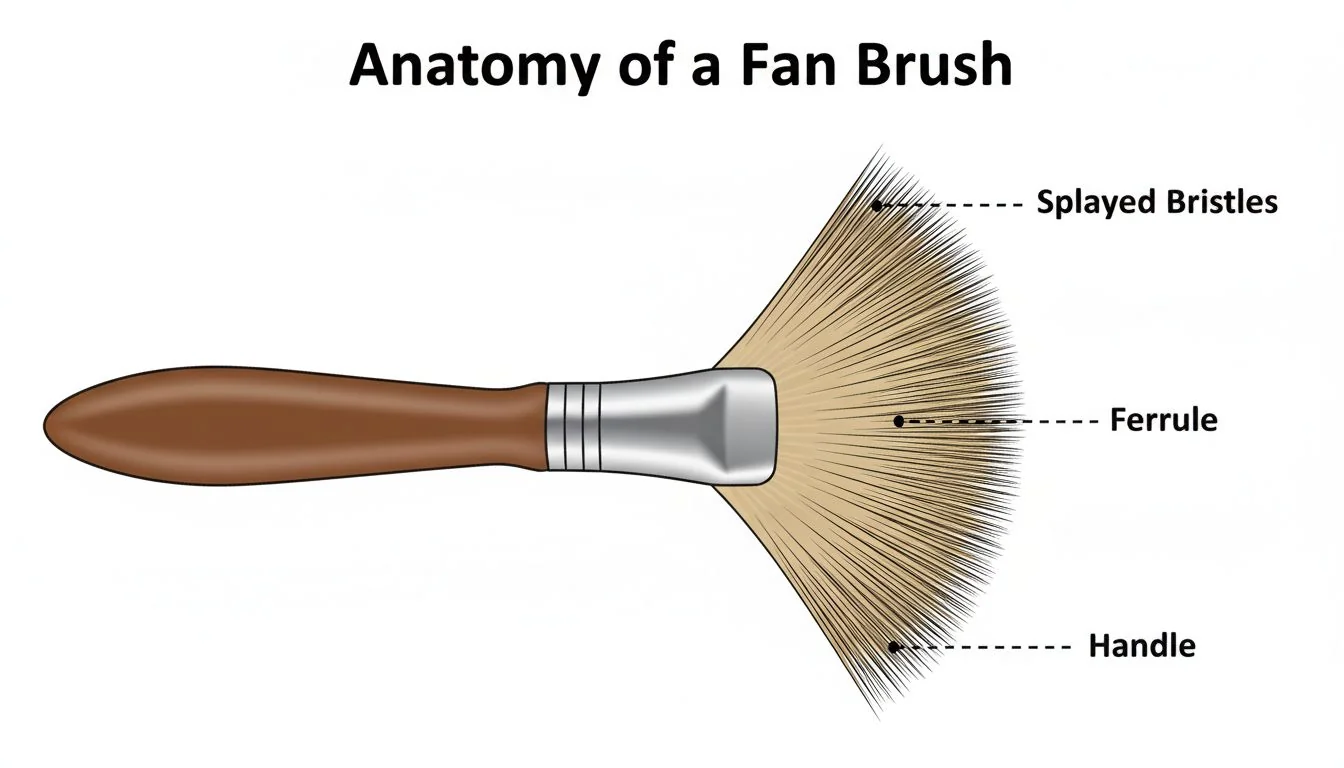 Diagram showing the anatomy of a fan brush: handle, ferrule, and splayed bristles.