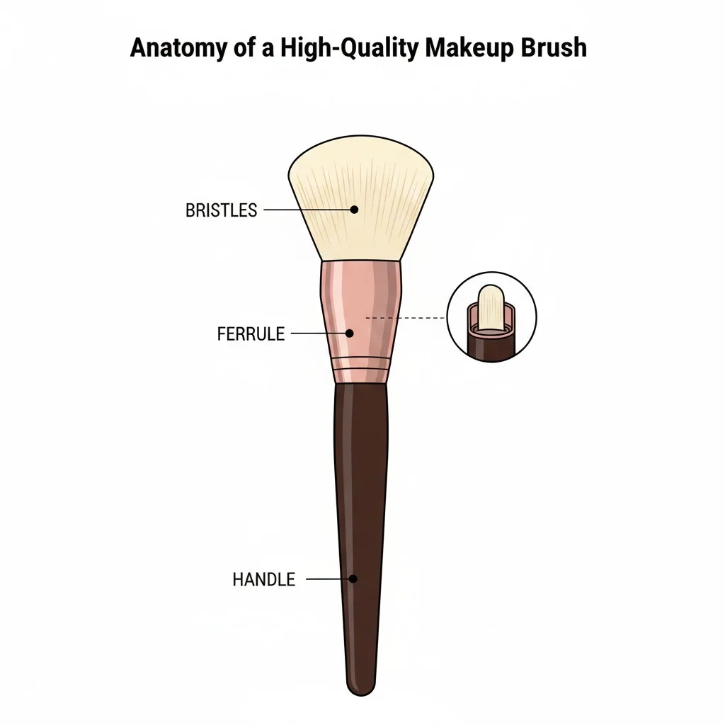 A diagram showing the different parts of a makeup brush: bristles, ferrule, and handle.