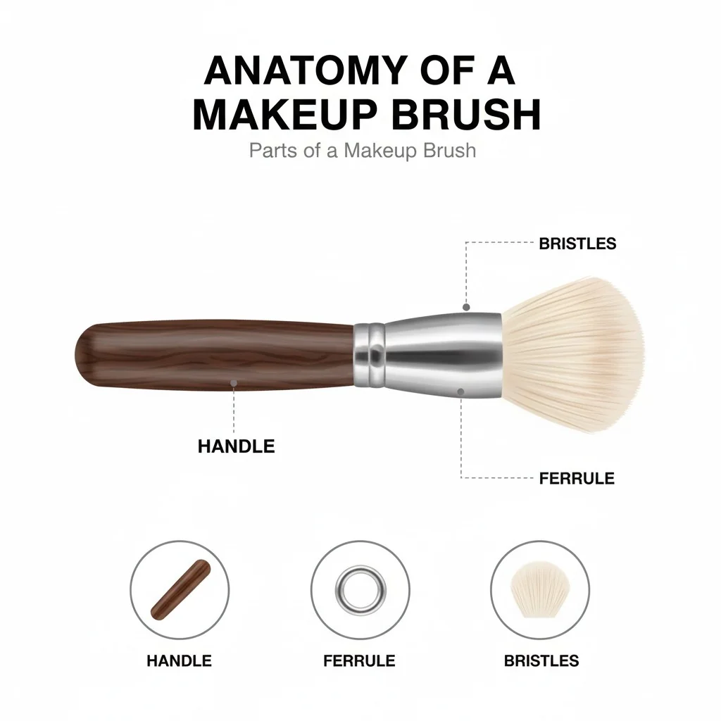 An infographic showing the parts of a makeup brush: handle, ferrule, and bristles.