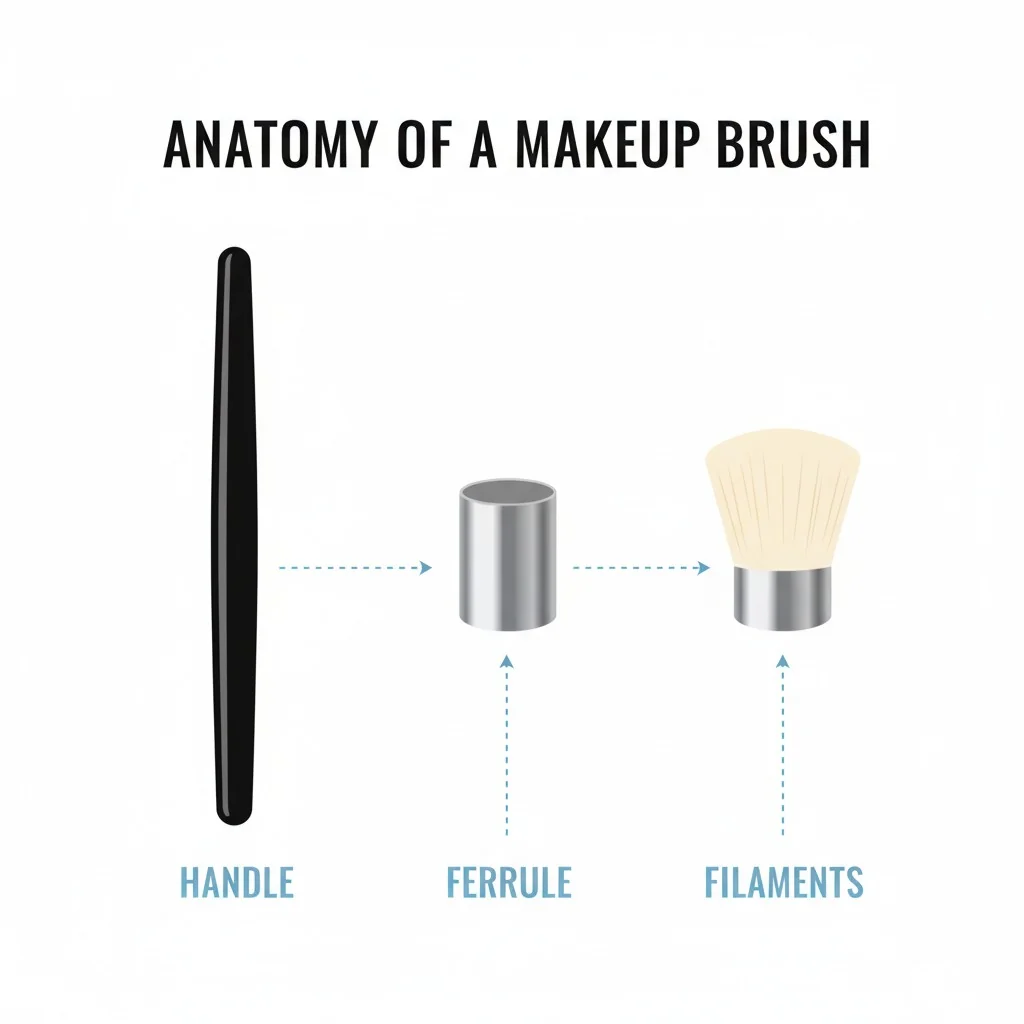 An infographic-style image showing a deconstructed makeup brush with labels for the handle, ferrule, and filaments.