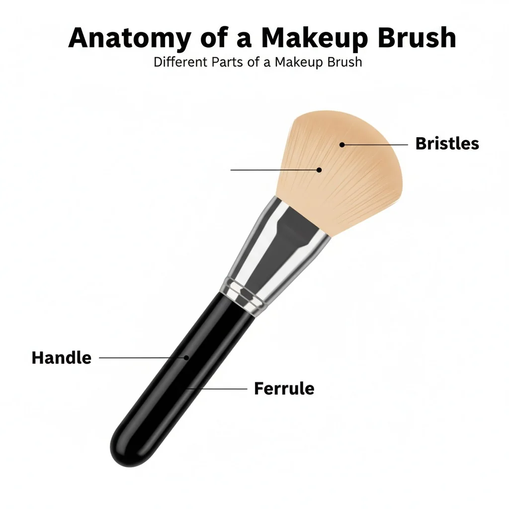 An infographic showing the different parts of a makeup brush: handle, ferrule, and bristles.