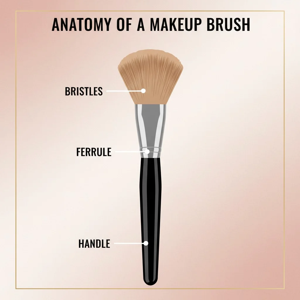 An infographic showing the different parts of a makeup brush: handle, ferrule, and bristles.
