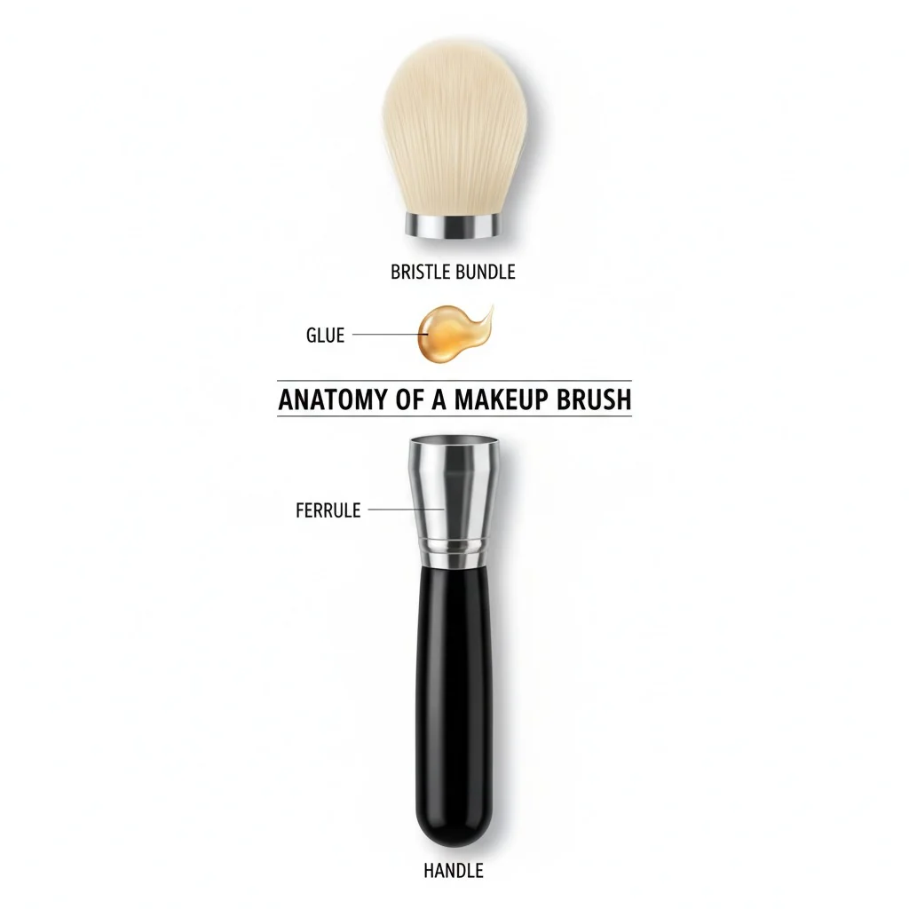 An exploded view of a makeup brush, showing the separate parts: handle, ferrule, glue, and bristle bundle.