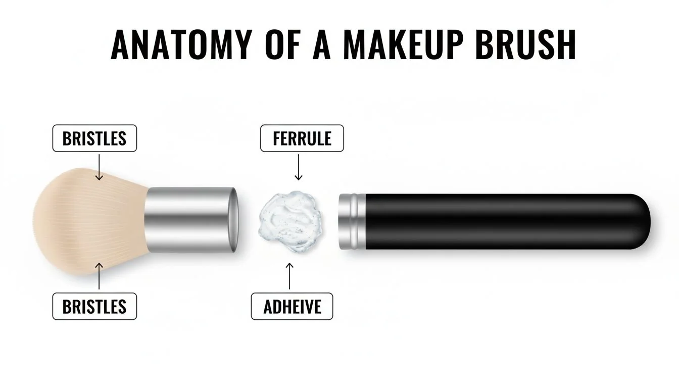 An infographic showing the four main parts of a makeup brush: bristles, ferrule, adhesive, and handle.