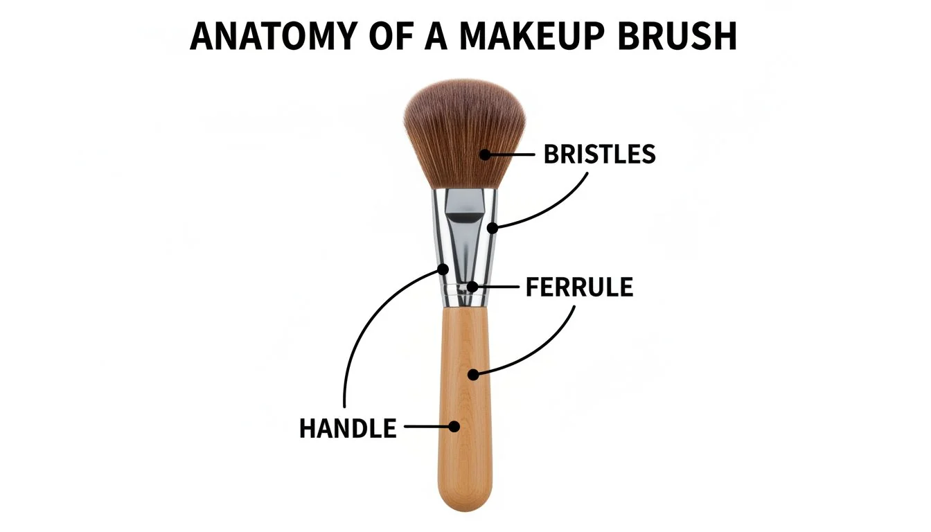 Anatomy of a Makeup Brush A diagram showing the parts of a makeup brush: handle, ferrule, and bristles