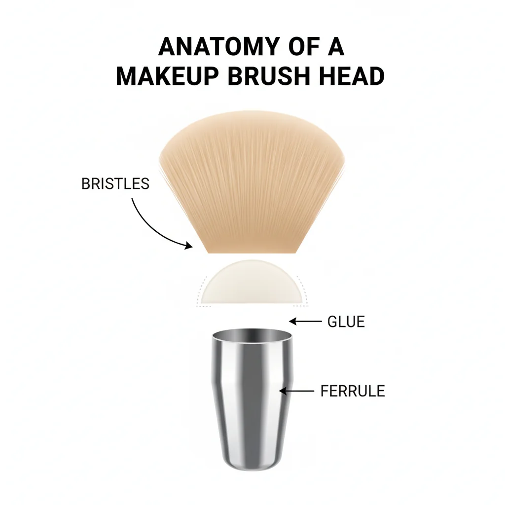 An infographic showing the three main parts of a makeup brush head: bristles, glue, and ferrule.