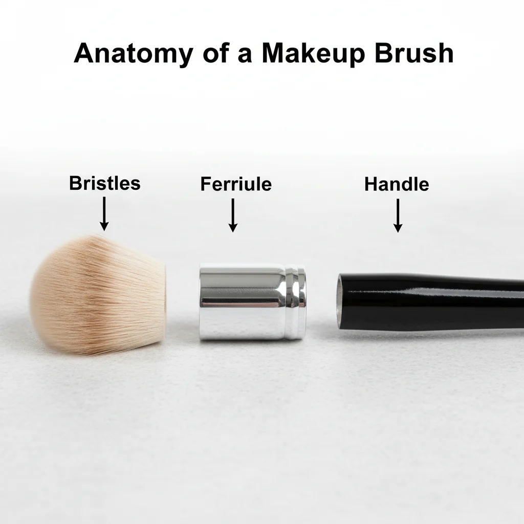An image showing the three parts of a makeup brush: bristles, ferrule, and handle, clearly labeled.