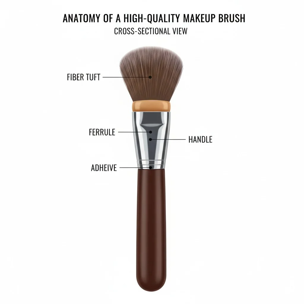 A diagram showing the cross-section of a makeup brush, highlighting the fiber tuft, ferrule, adhesive, and handle.