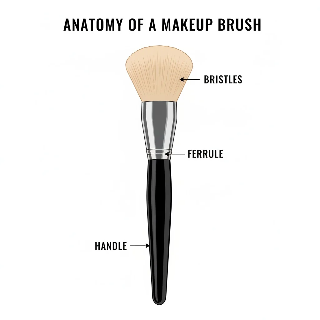 A diagram showing the different parts of a makeup brush, labeling the handle, the ferrule, and the bristles.