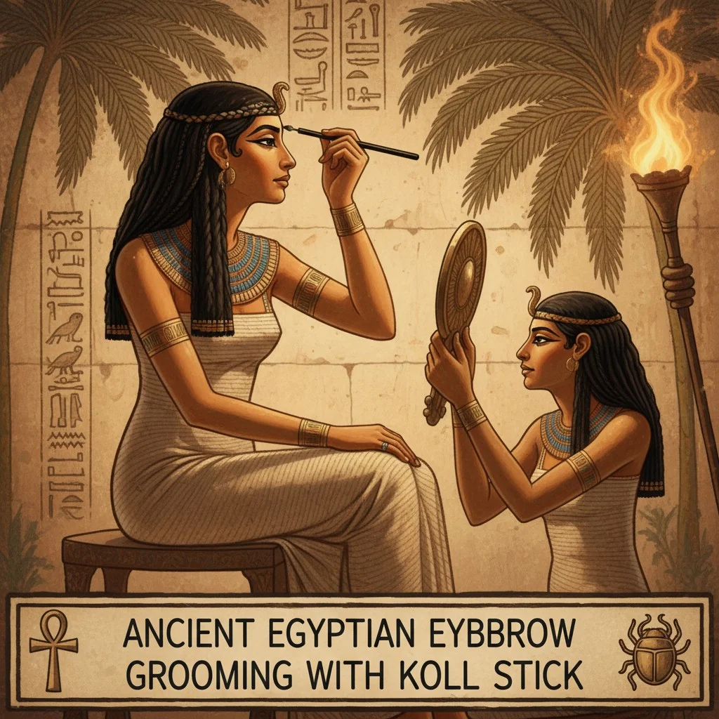 An artistic rendering of an ancient Egyptian woman applying kohl to her eyebrows with a slender stick.