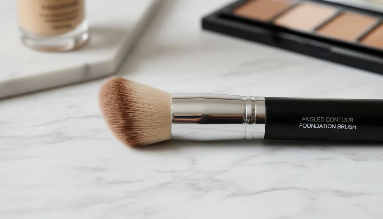 Angled Contour Foundation Brush An angled foundation brush showing its slanted cut