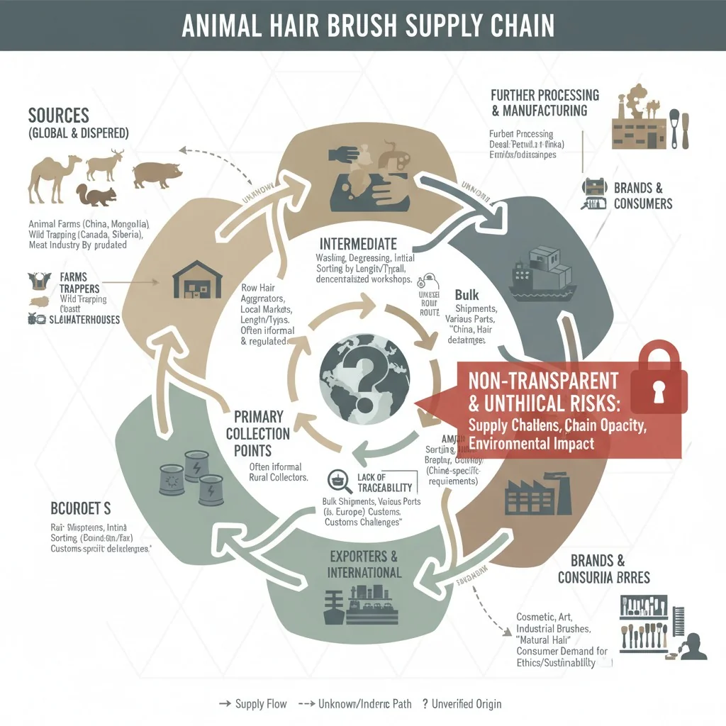 An infographic showing the complex and non-transparent supply chain of animal hair for brushes.