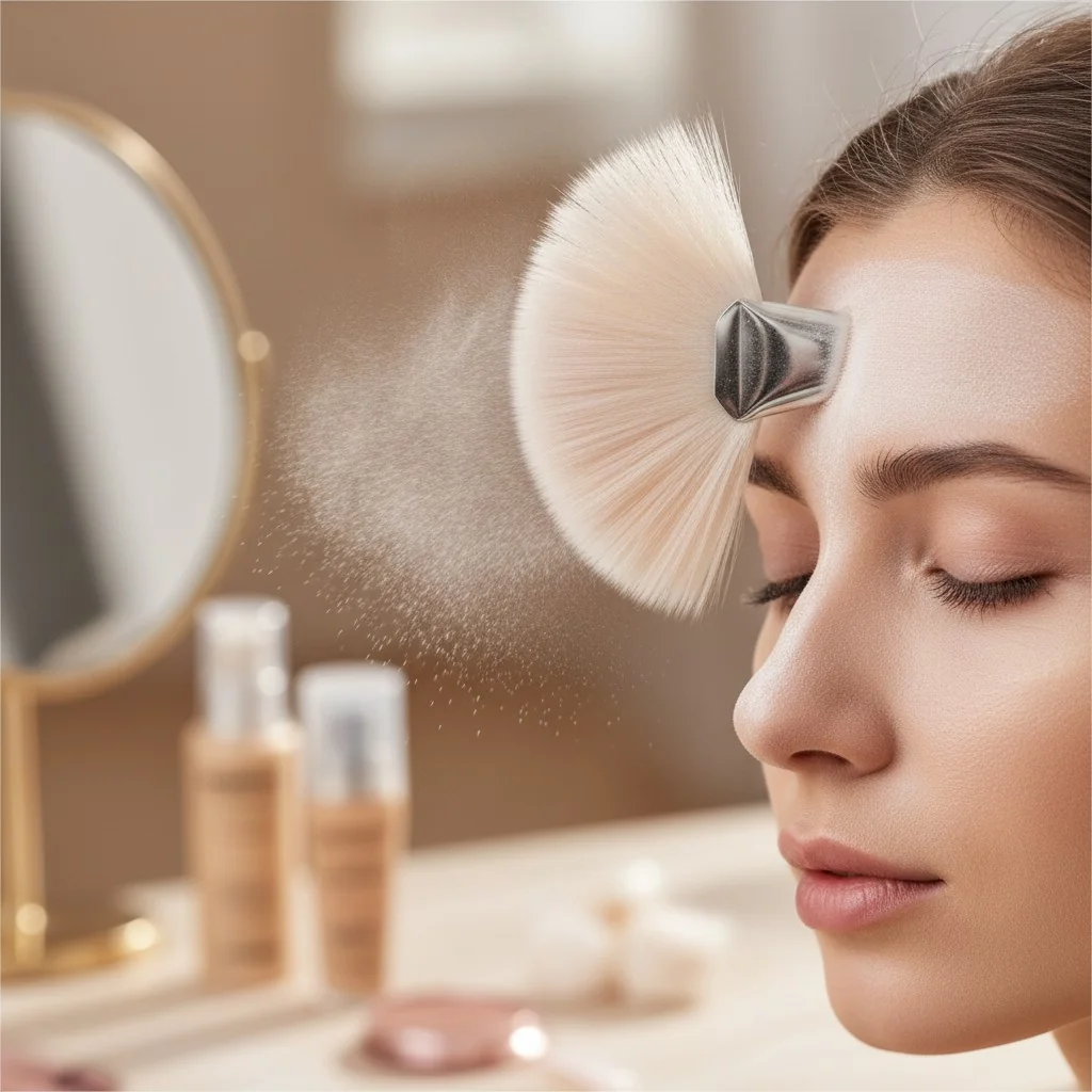 A large fan brush lightly dusting finishing powder across a forehead.