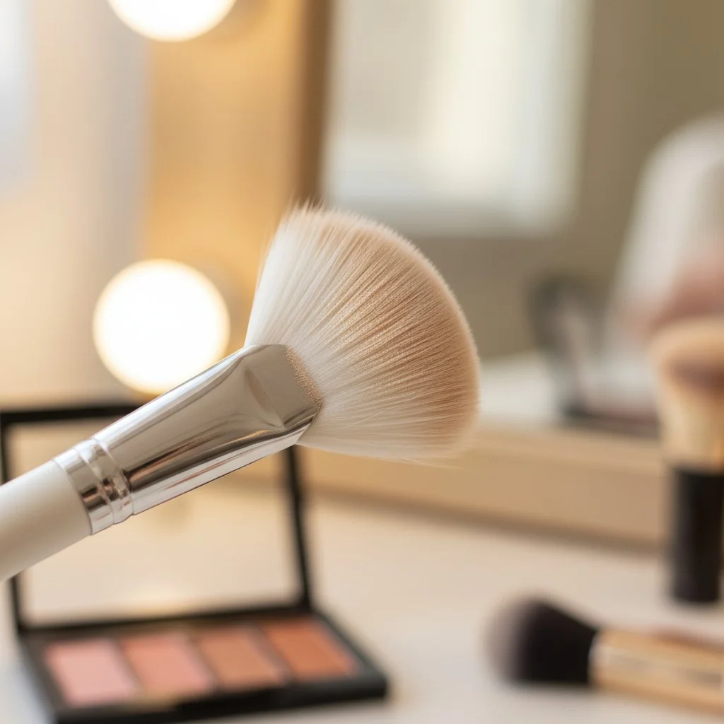 A close-up of a fan brush sweeping highlighter along a cheekbone.