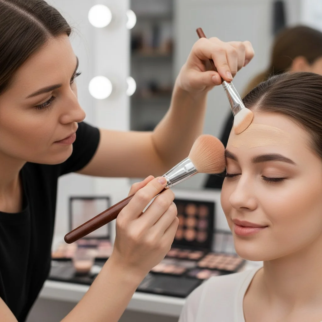 A makeup artist applying powder blush with a natural hair brush and liquid foundation with a synthetic brush.