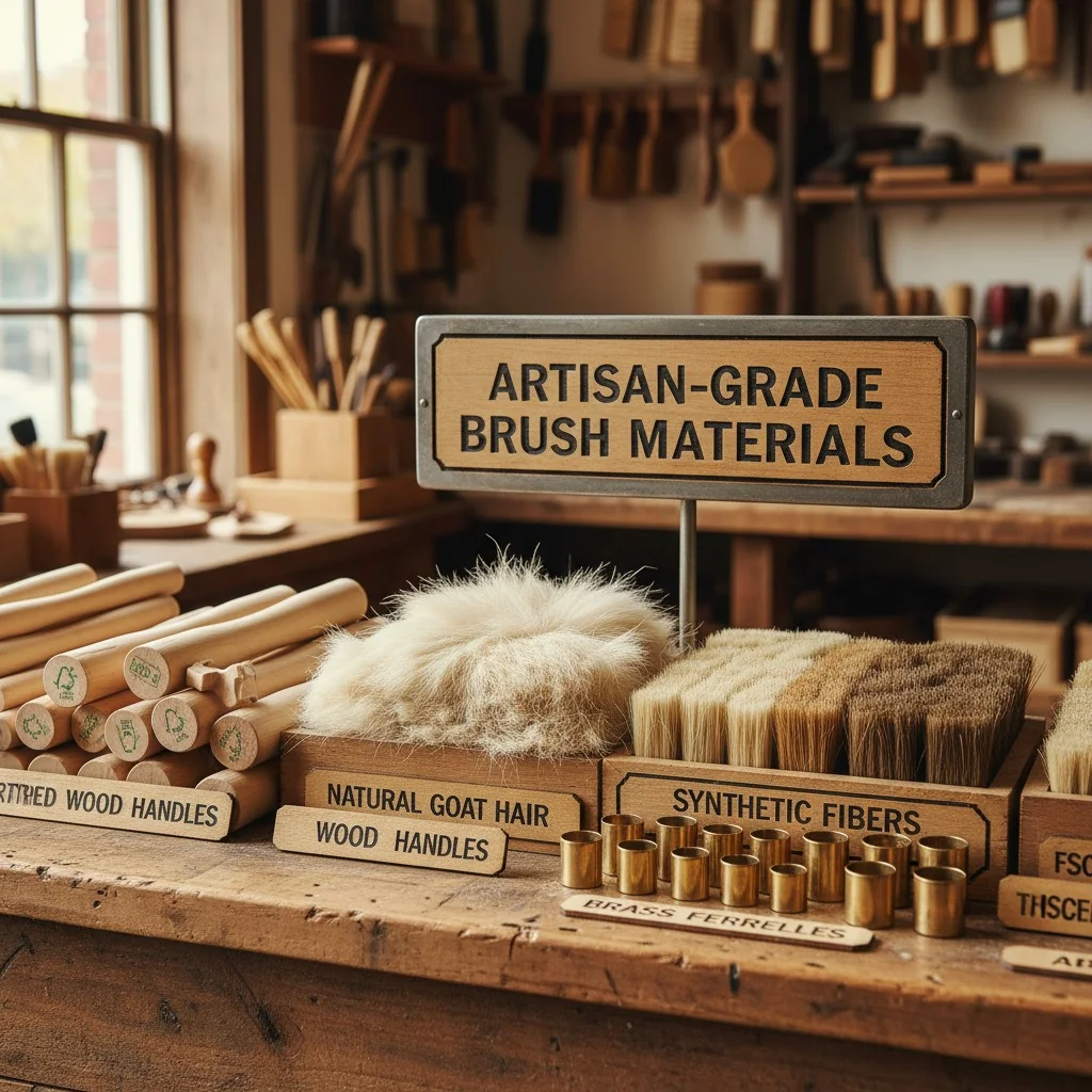 A display showing different brush materials: natural goat hair, synthetic fibers, brass ferrules, and FSC-certified wood handles.