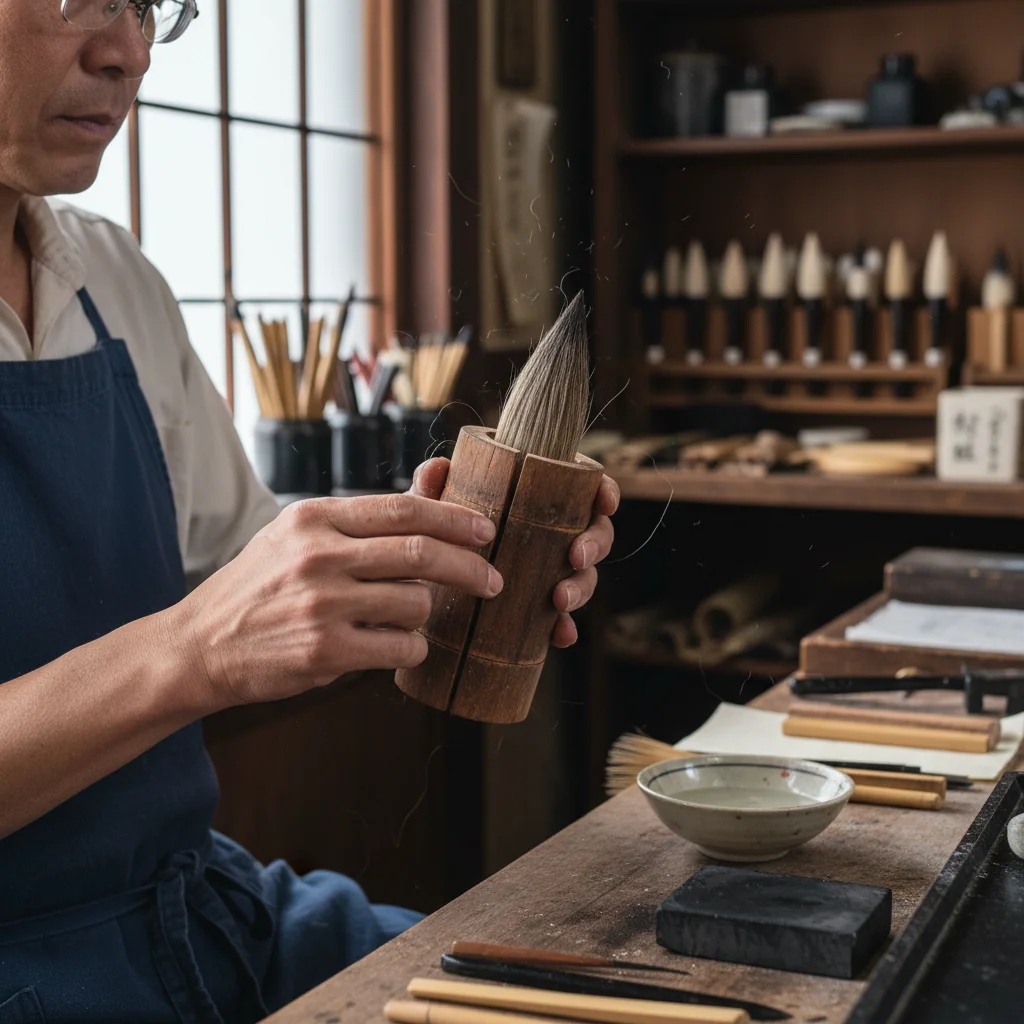 An artisan's hands carefully shaping a fude brush head using a traditional wooden mold, known as a 'koma'.