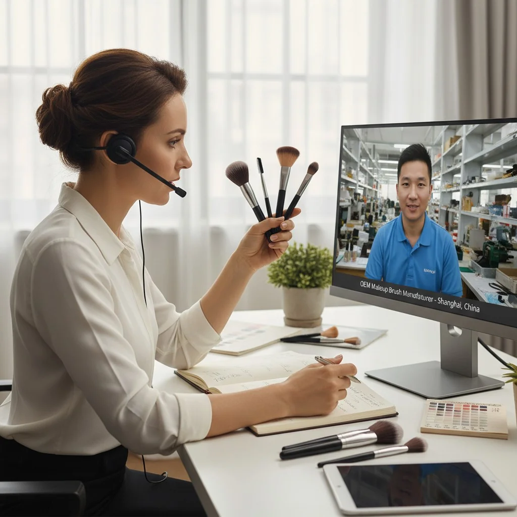 A person on a video call with a factory representative, asking questions and looking at brush samples.