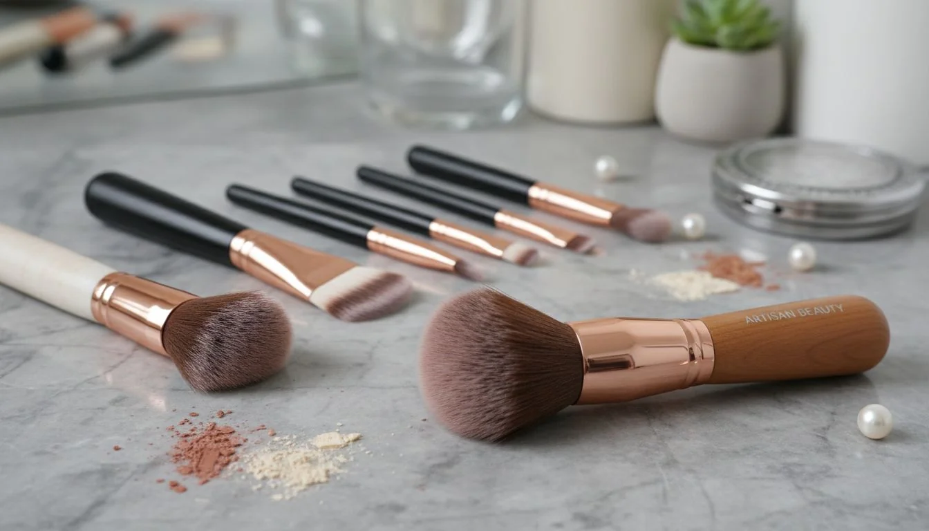 An assortment of makeup brushes including kabuki, powder, and angled brushes laid out neatly