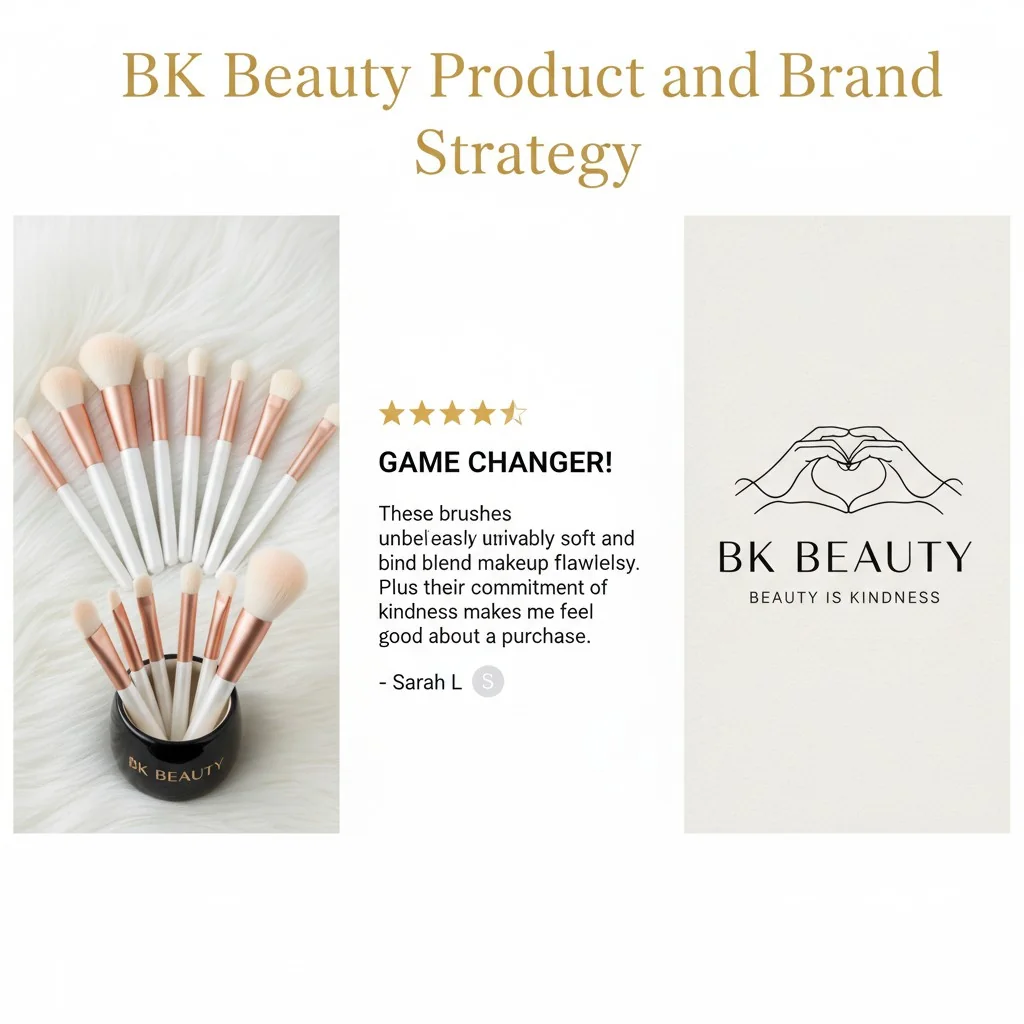 An image collage showing a BK Beauty brush set, a 5-star review snippet, and their 'Beauty is Kindness' logo.