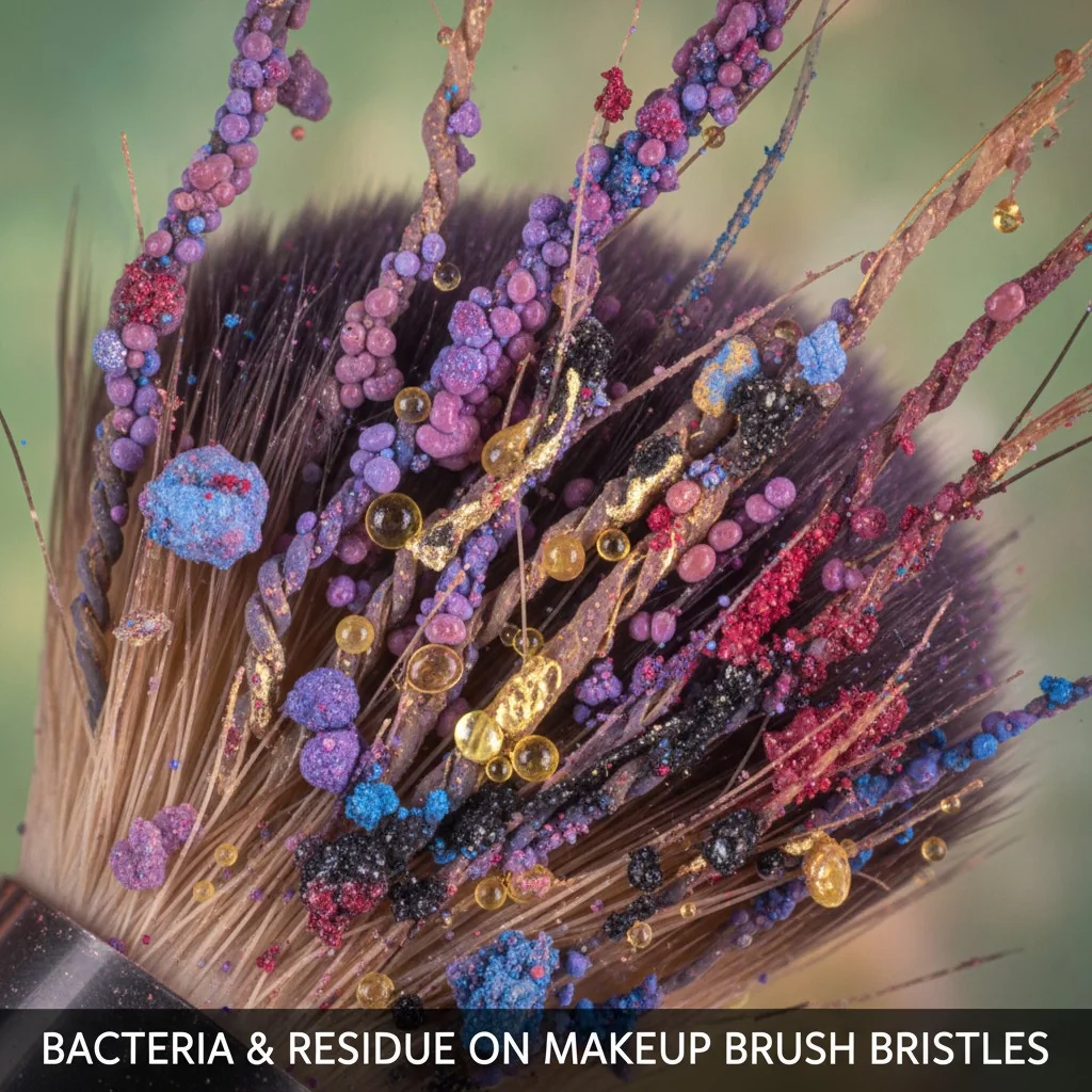 A microscopic-style image showing bacteria, oil droplets, and makeup pigment clinging to brush bristles.