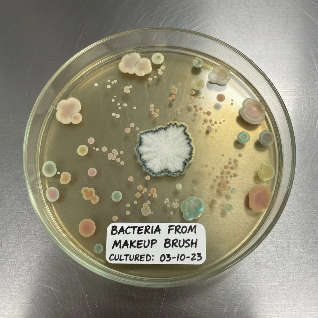 Petri dish showing bacterial colonies cultured from a makeup brush