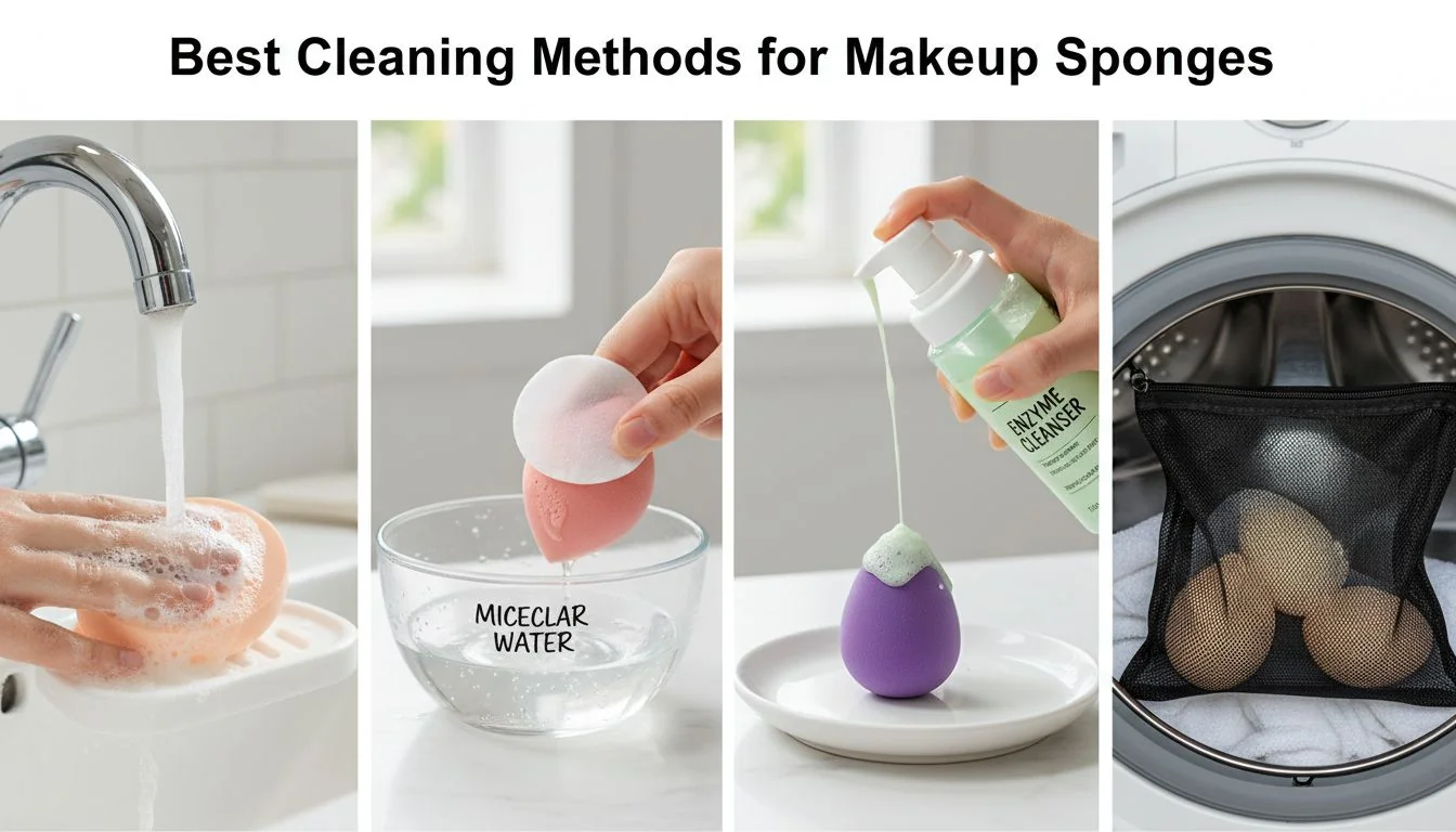 Four makeup sponges being cleaned with different methods: soap, micellar water, enzyme cleanser, and in a mesh bag.
