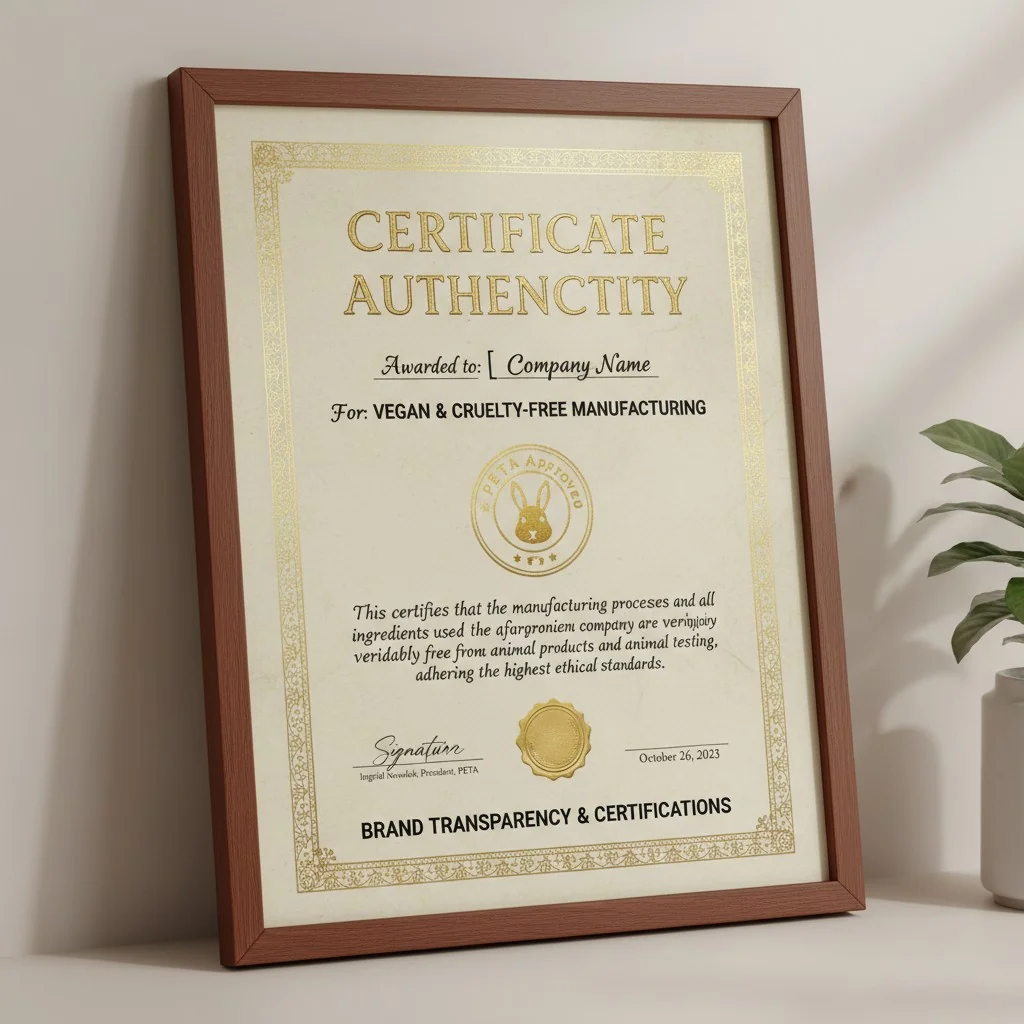 A certificate of authenticity for vegan and cruelty-free manufacturing from PETA.