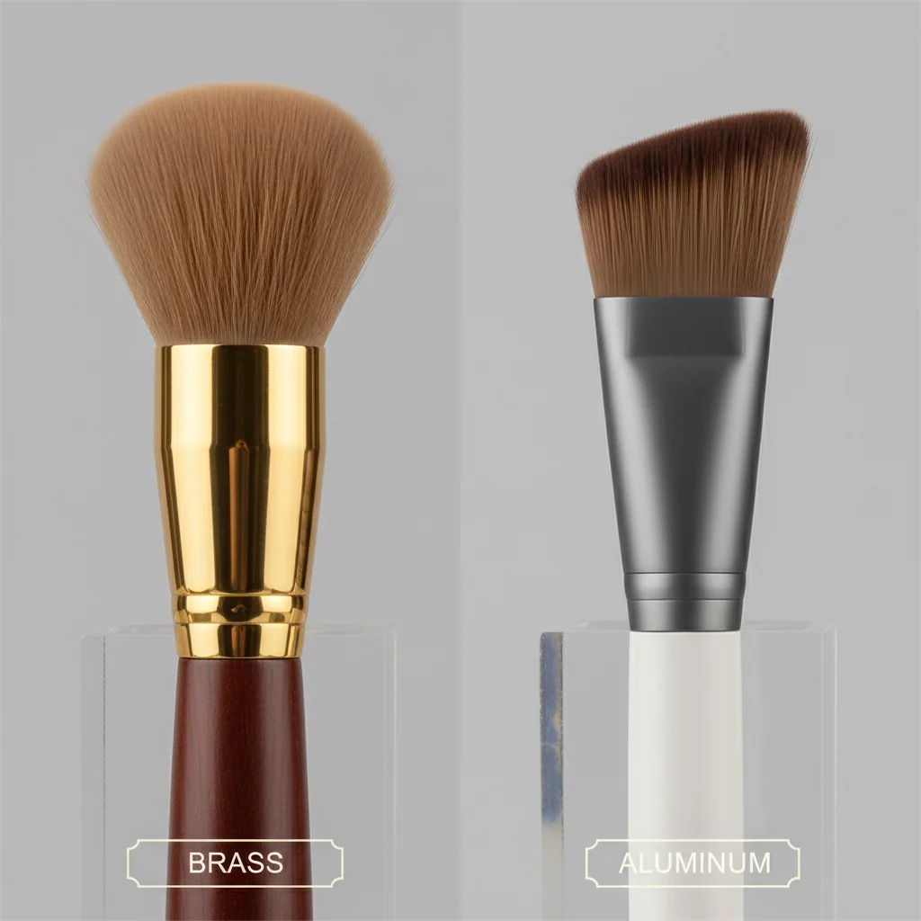 Side-by-side comparison of a shiny brass ferrule and a matte colored aluminum ferrule on makeup brushes.
