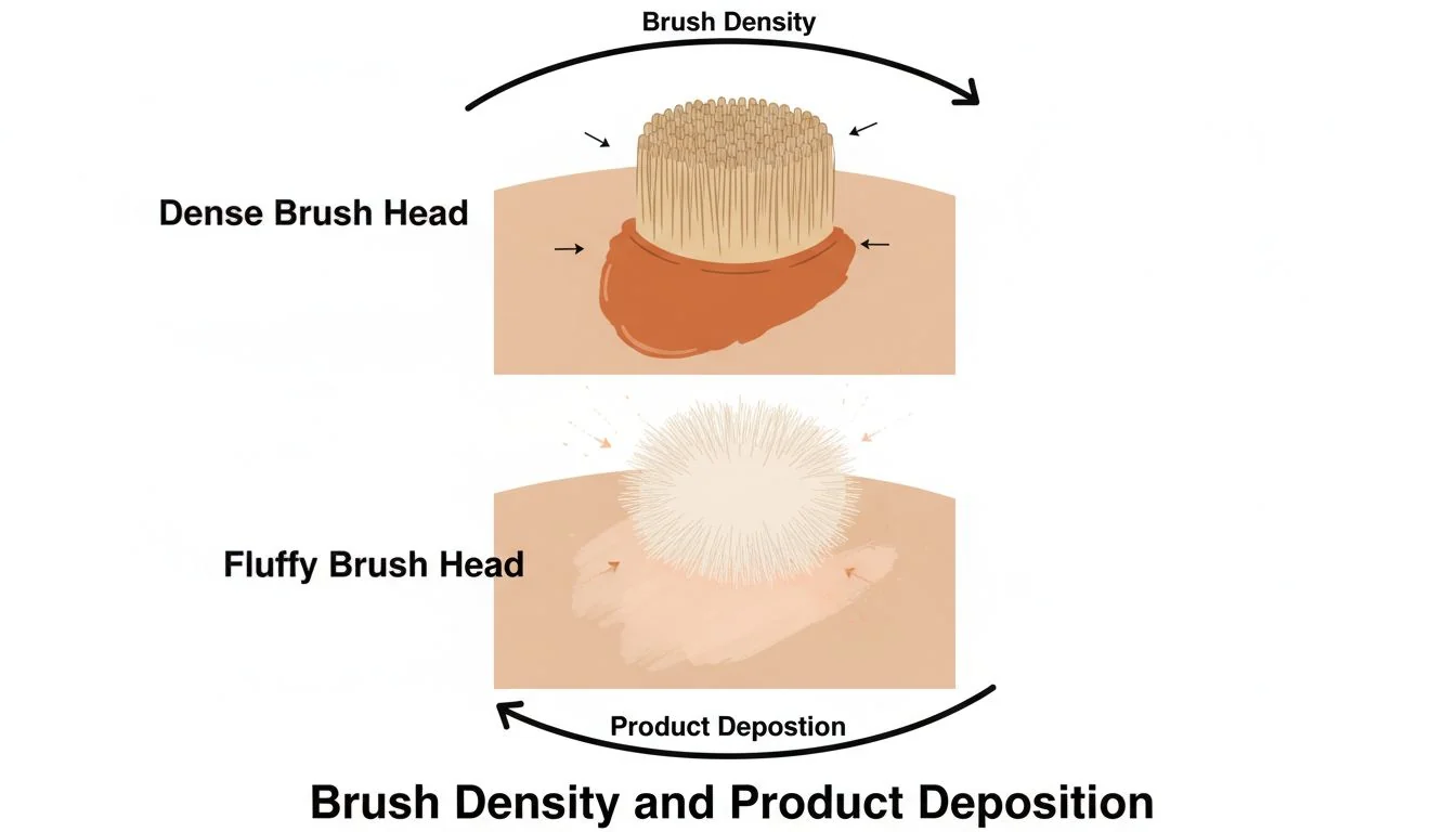 A diagram showing how dense vs. fluffy brush heads deposit product on the skin