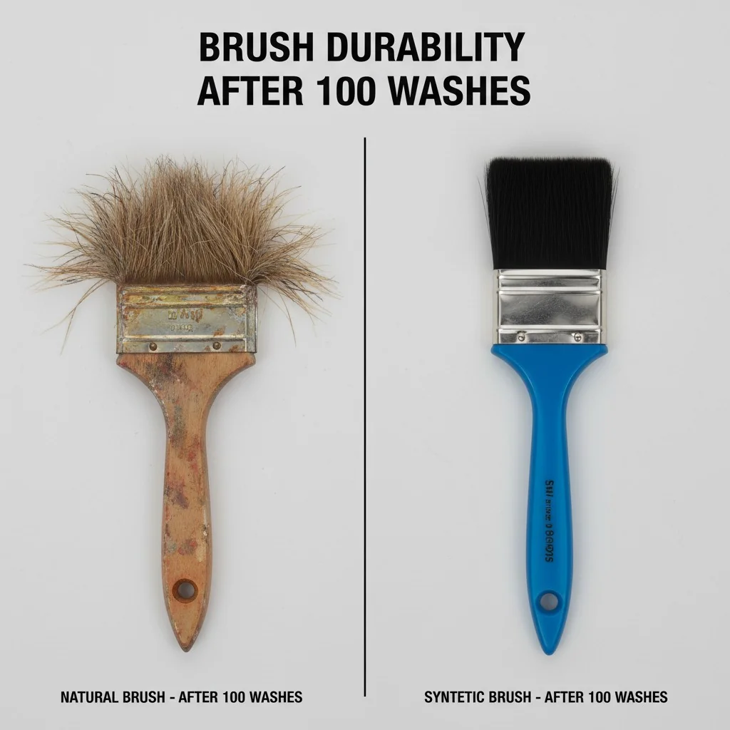 A side-by-side photo showing a worn-out natural brush and a still-intact synthetic brush after many washes.
