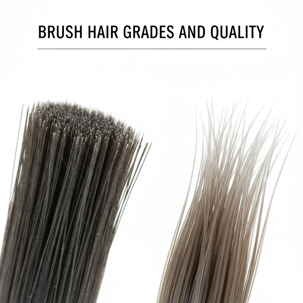 A macro photo showing the difference between a coarse, blunt-cut brush hair and a fine, naturally tapered 'first-cut' brush hair.