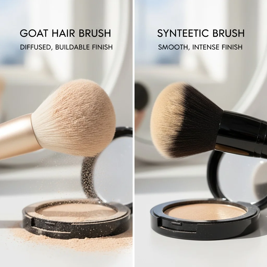 A comparison shot showing powder on a goat hair brush versus a synthetic brush.