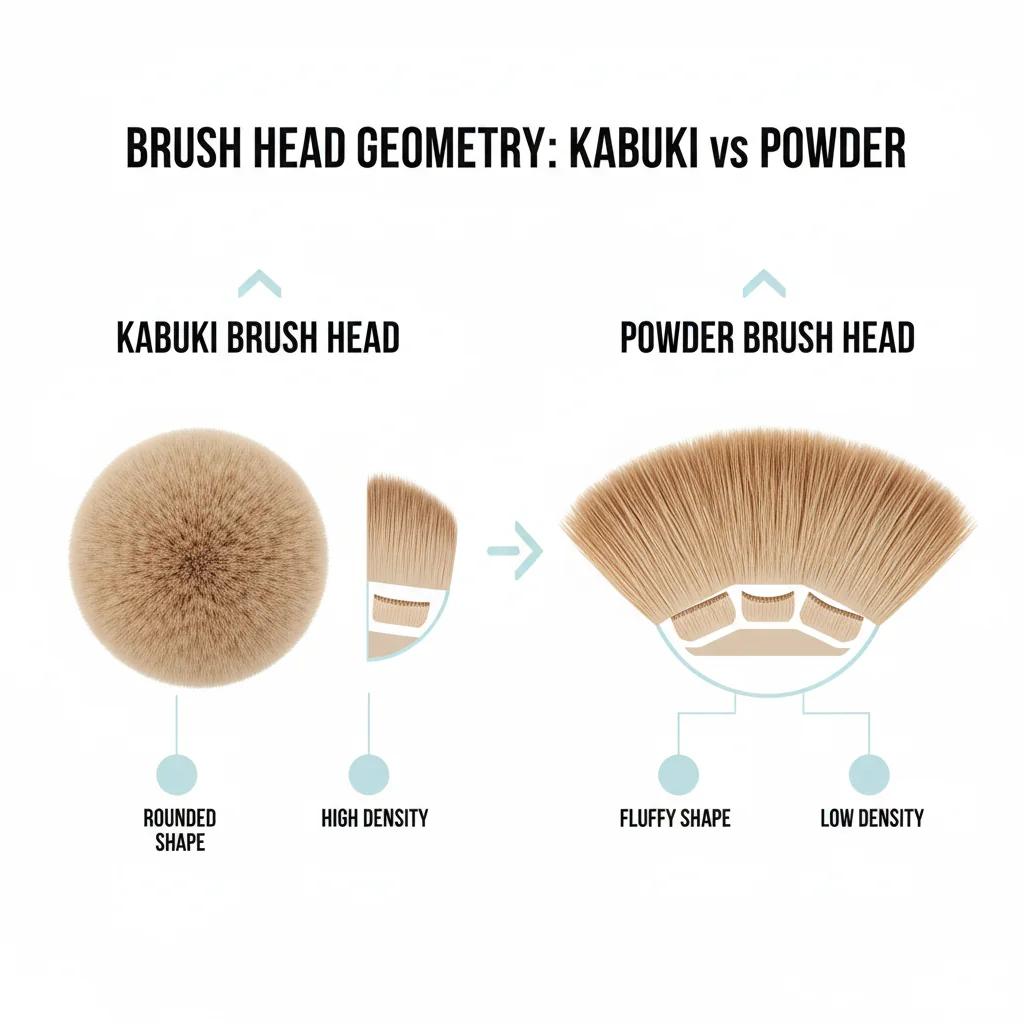 An infographic showing the different shapes and densities of a kabuki brush head and a powder brush head.