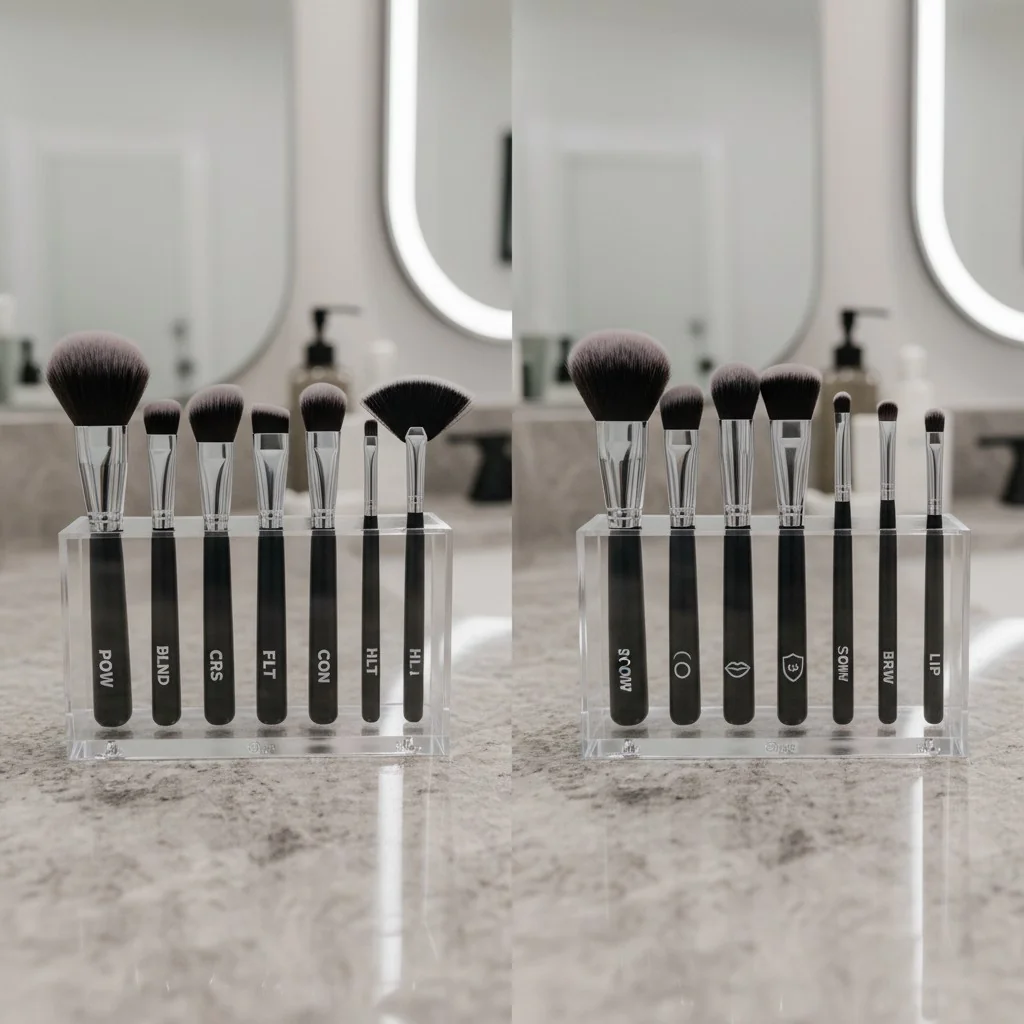A photo showing two sets of makeup brushes. One set has clear, abbreviated names (e.g., POW, BLND). The other set has simple icons (e.g., an eye, a cheek).