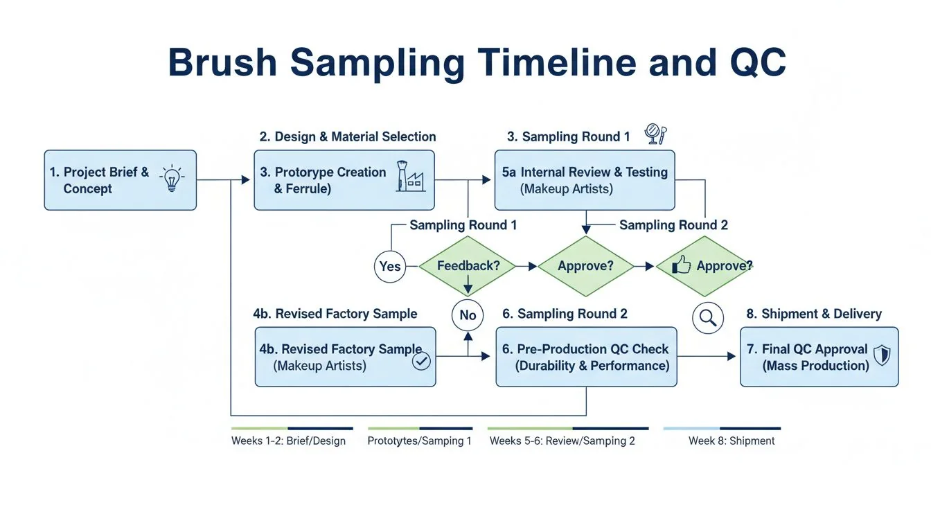 A flowchart showing the makeup brush sampling process from brief to QC approval.