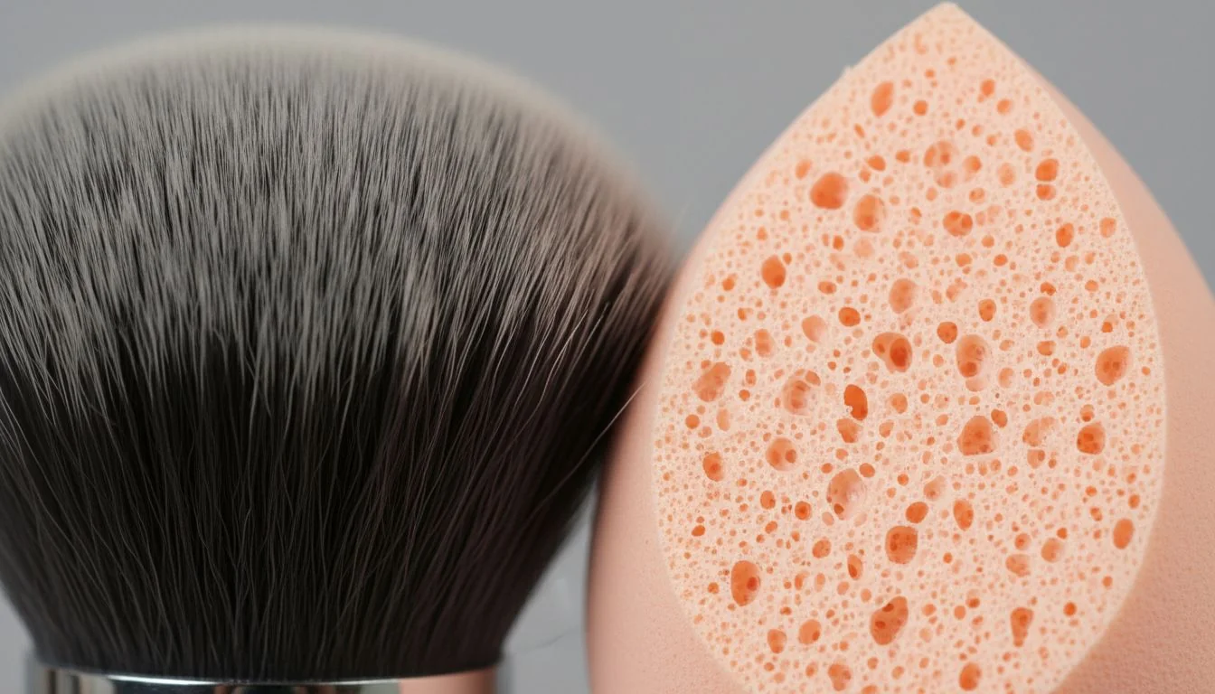 Close-up texture of a dense kabuki brush and a porous makeup sponge