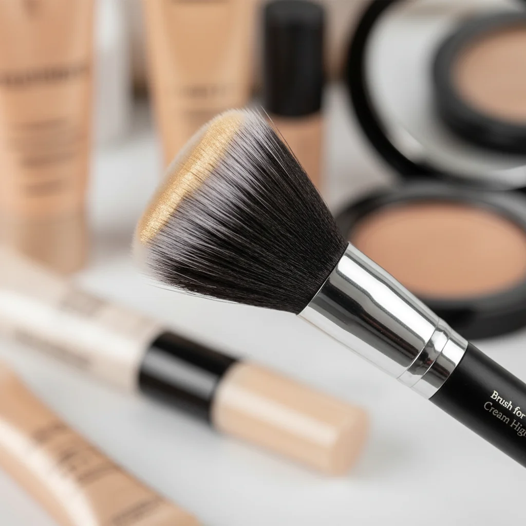 A duo-fiber stippling brush with a small amount of liquid highlighter on its white tips.