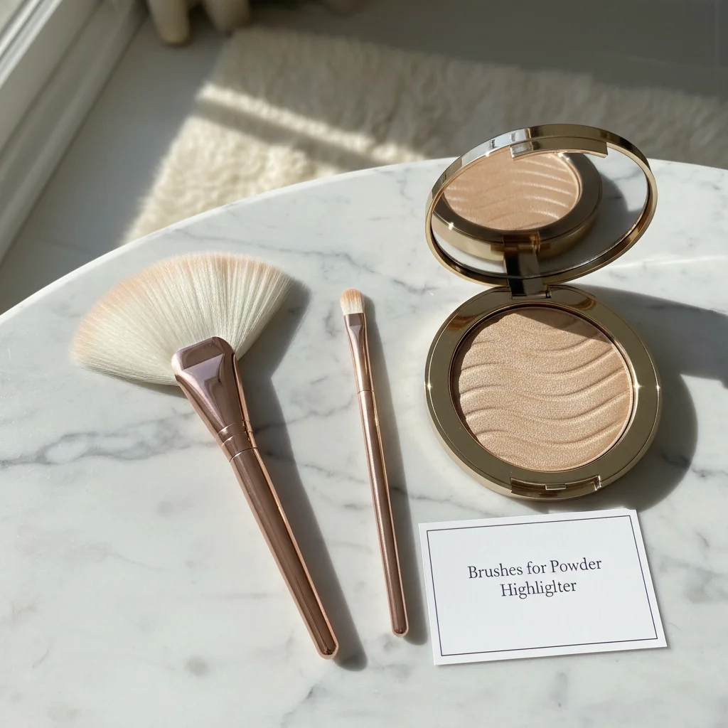 A fan brush and a tapered highlighter brush placed next to an open powder highlighter compact.