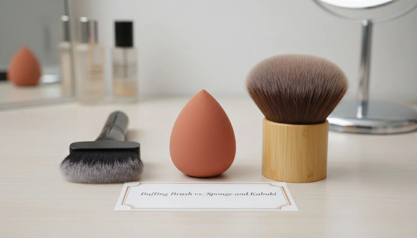 A buffing brush placed next to a makeup sponge and a kabuki brush for comparison