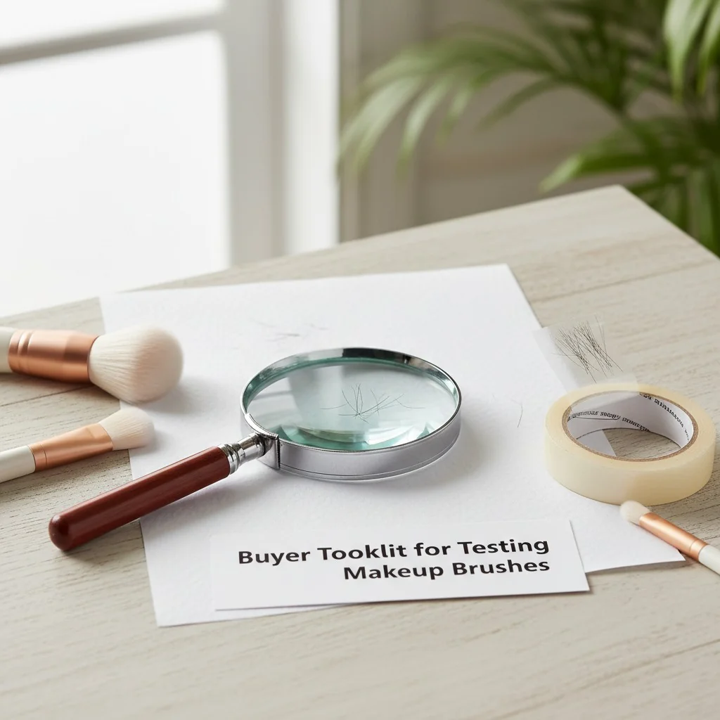 A toolkit for testing brushes: a magnifying glass, white paper to check for shedding, and tape for an adhesion test.