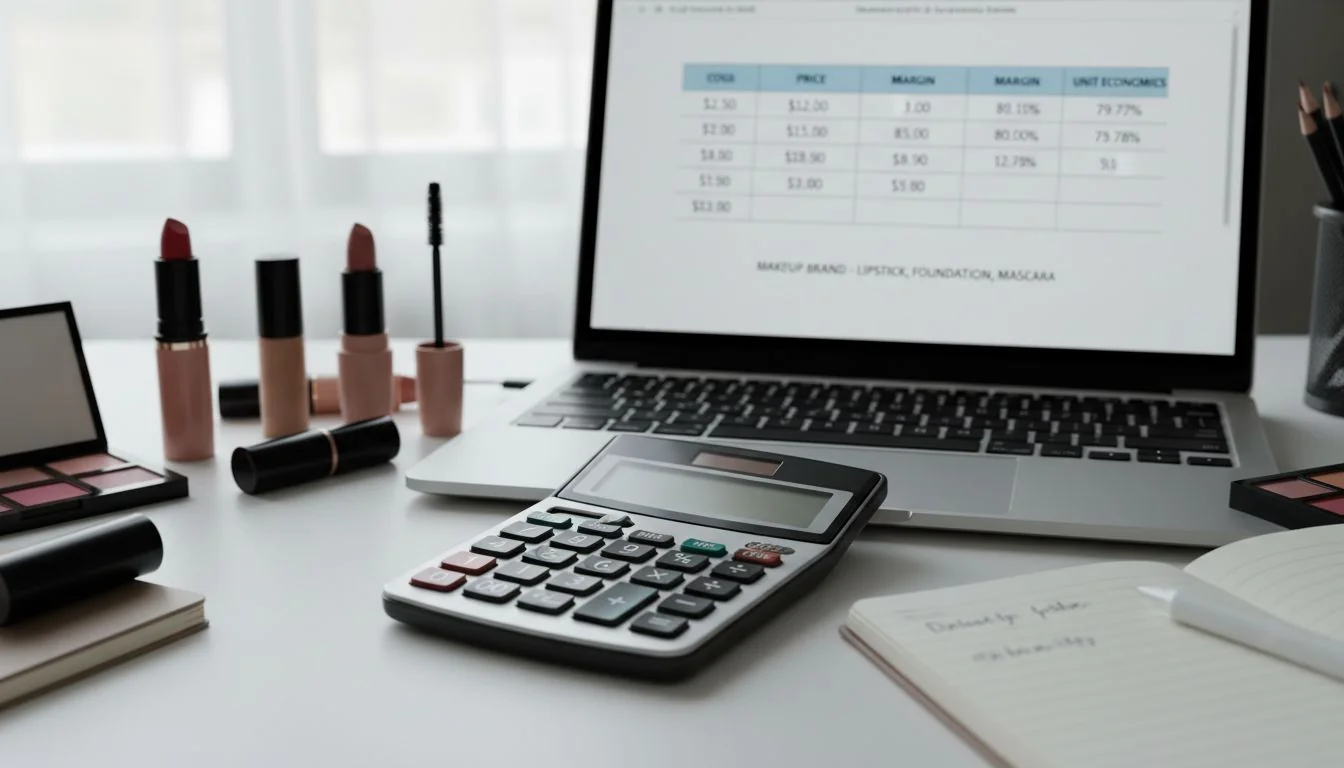 A calculator and a spreadsheet showing columns for COGS, Price, and Margin