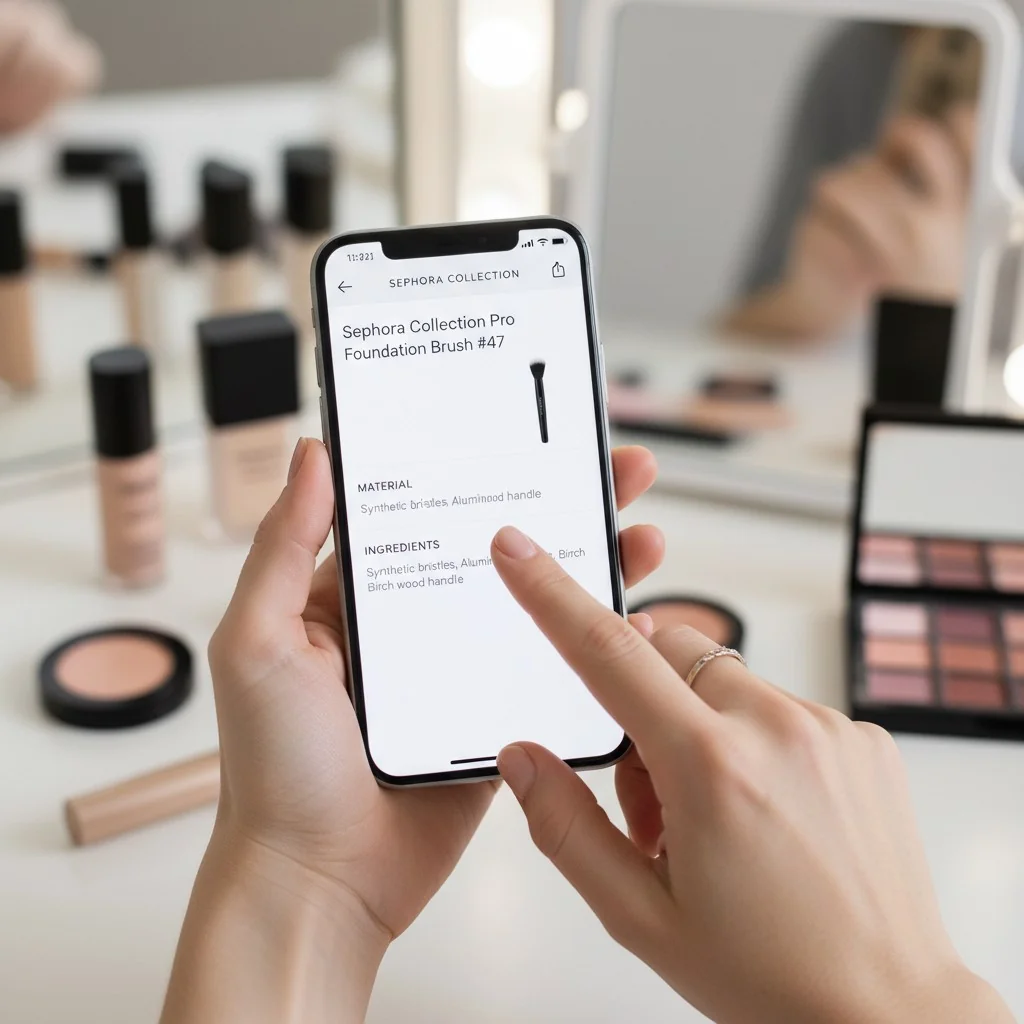 An image showing a person's hand holding a Sephora brush and reading the product details on a phone.
