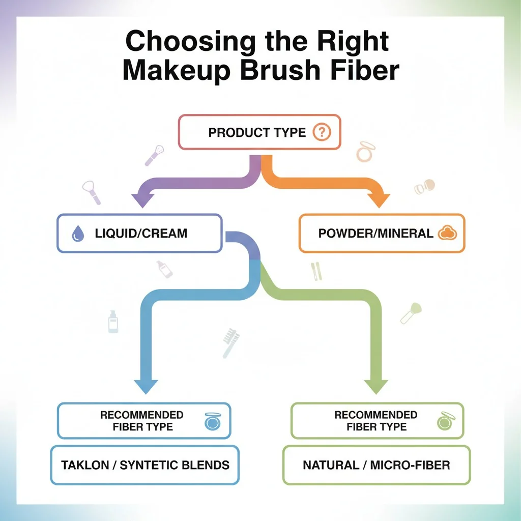 A decision tree infographic showing product types (liquid, powder) leading to recommended fiber types (taklon, micro-fiber).